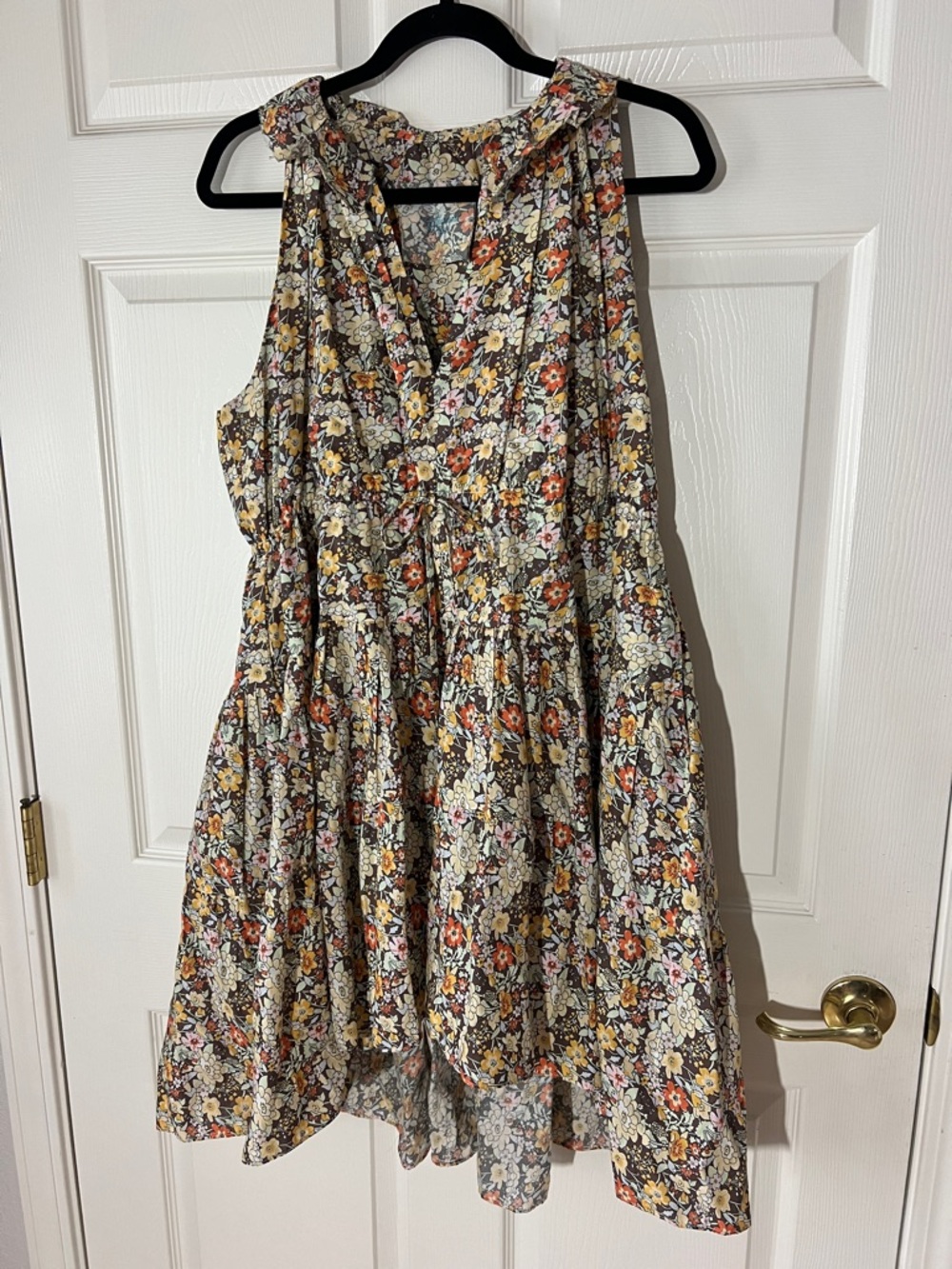Loup Charmant 100% Cotton Brown Yellow Orange Green Spring Floral Dress, Medium